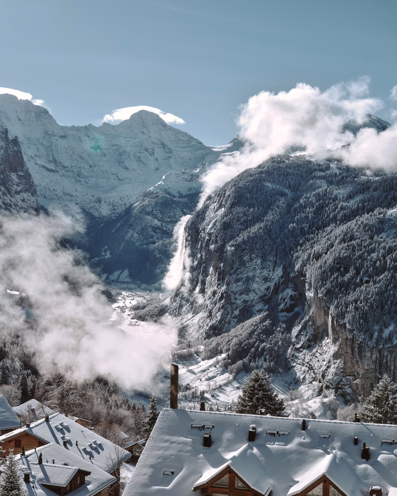 Snow-covered peaks and the Lauterbrunnen valley seen from Wengen.