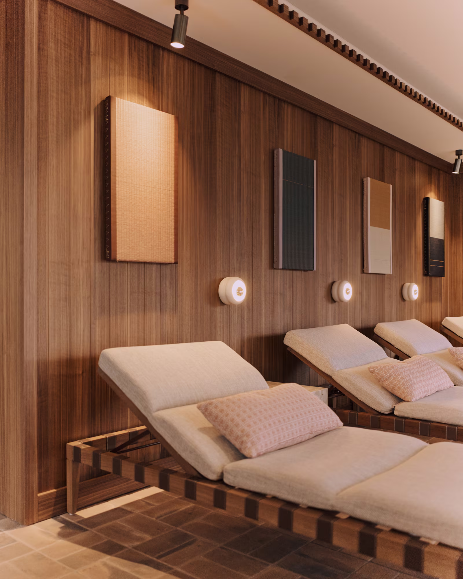 Timber-lined relaxation loungers in The Brecon spa.