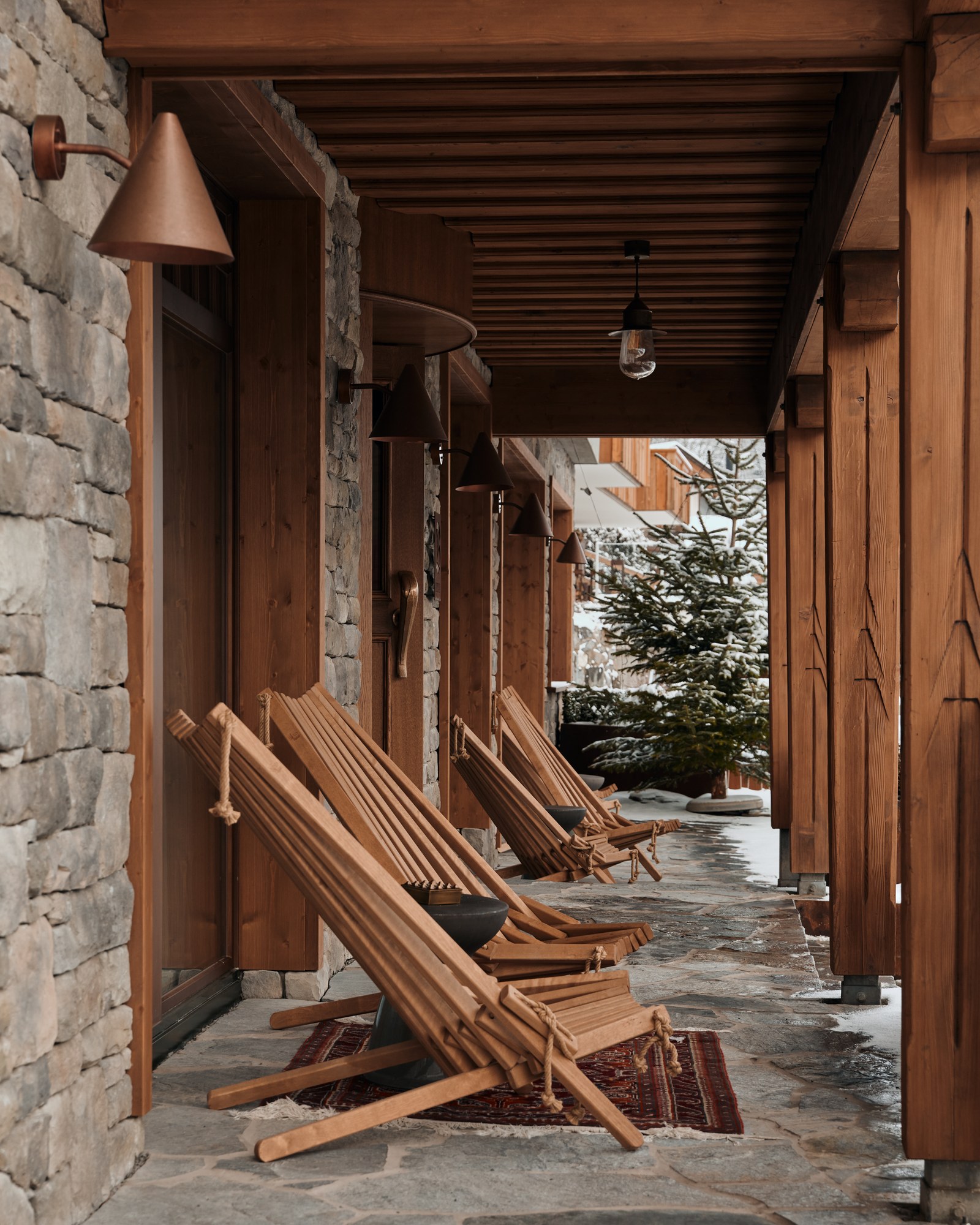 Deck chairs beneath The Brecon's timber arcade in winter.
